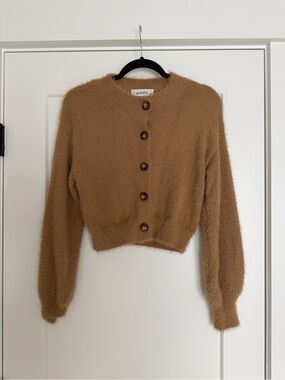 Graffiti Cropped Fuzzy Button-Front Cardigan in Camel